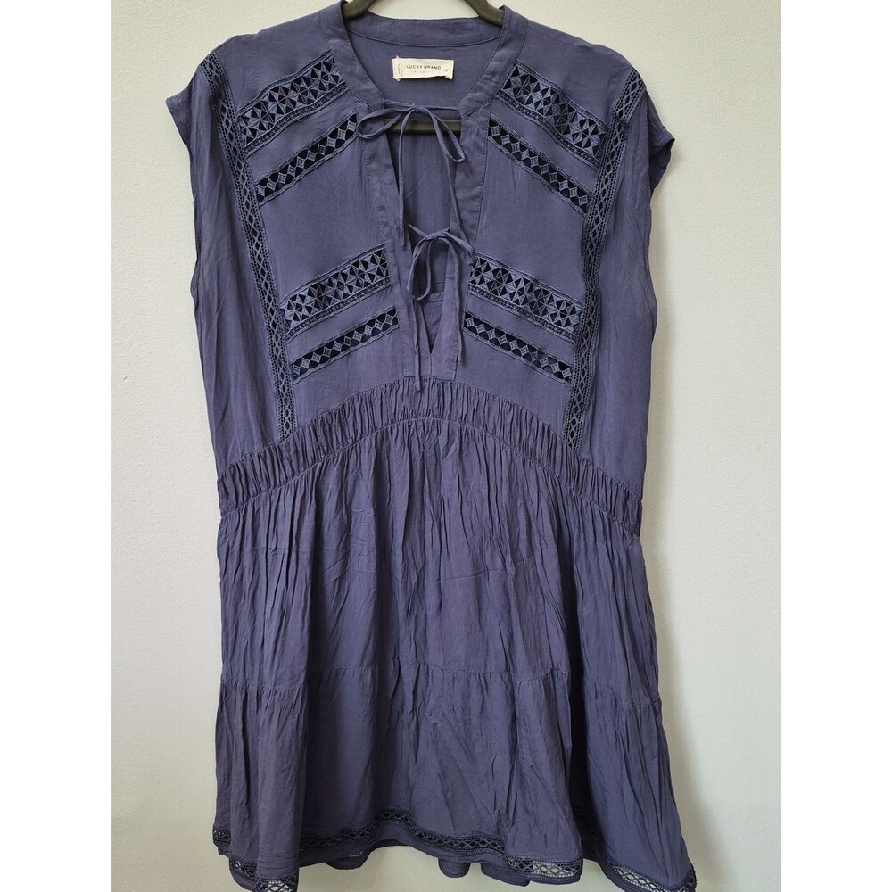 Lucky Brand Indigo Lace-Trim Peasant Dress 2 Pc Womens M Coastal Cowgirl Western